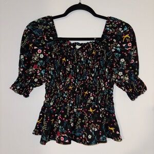 Meraki Black Fox & Deer Floral Smocked Blouse